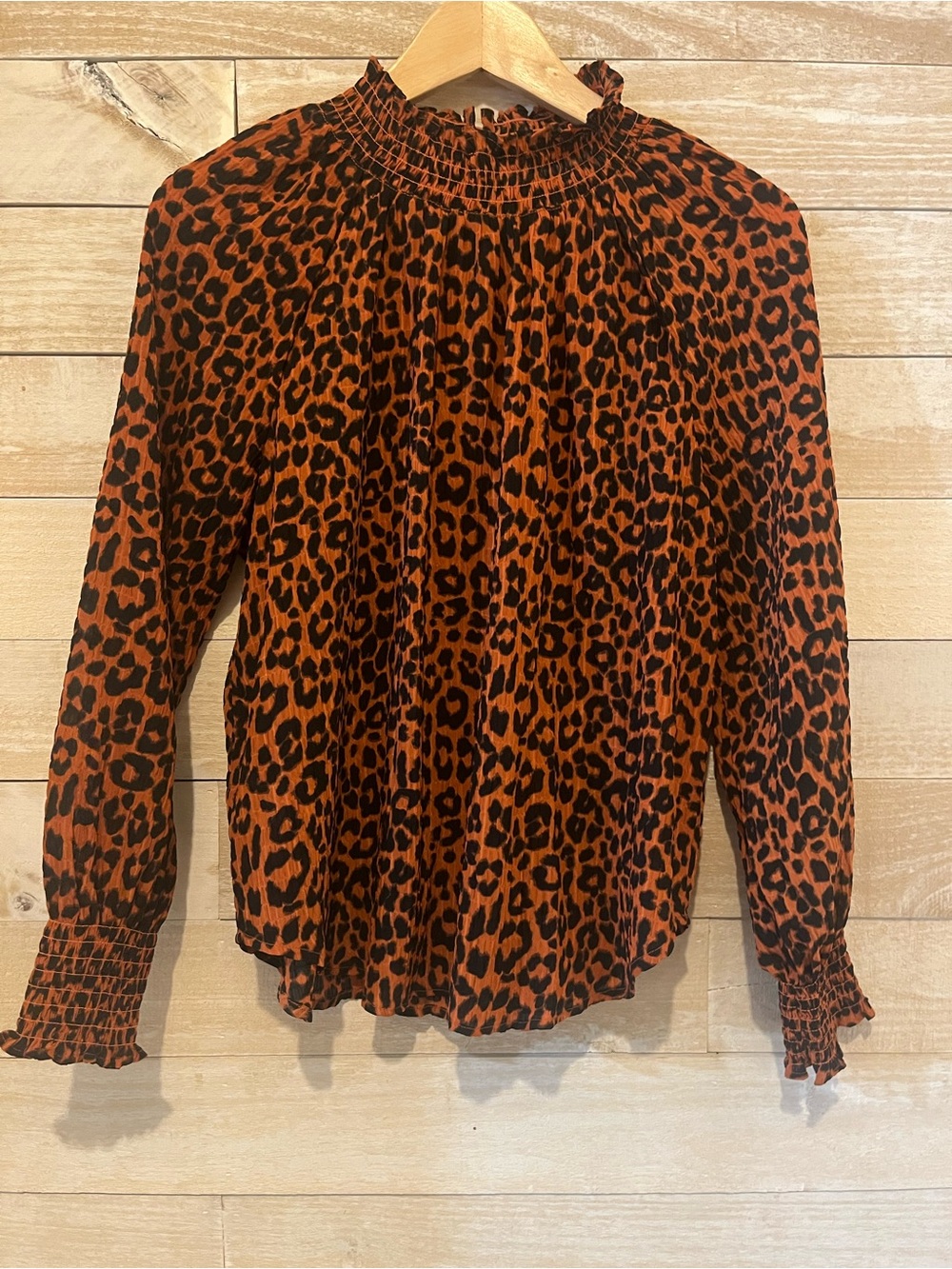 LOFT Leopard Print Smocked Neck Blouse - Black & Brown